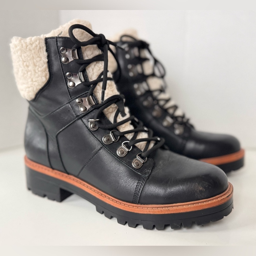Marc Fisher Izzie Black Leather Lined Lace Up Combat Moto Style Boots Size 9.5